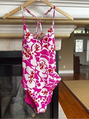 Carve Designs Pink Floral One Piece Swim Suit Strapy Criss Cross Back Beach